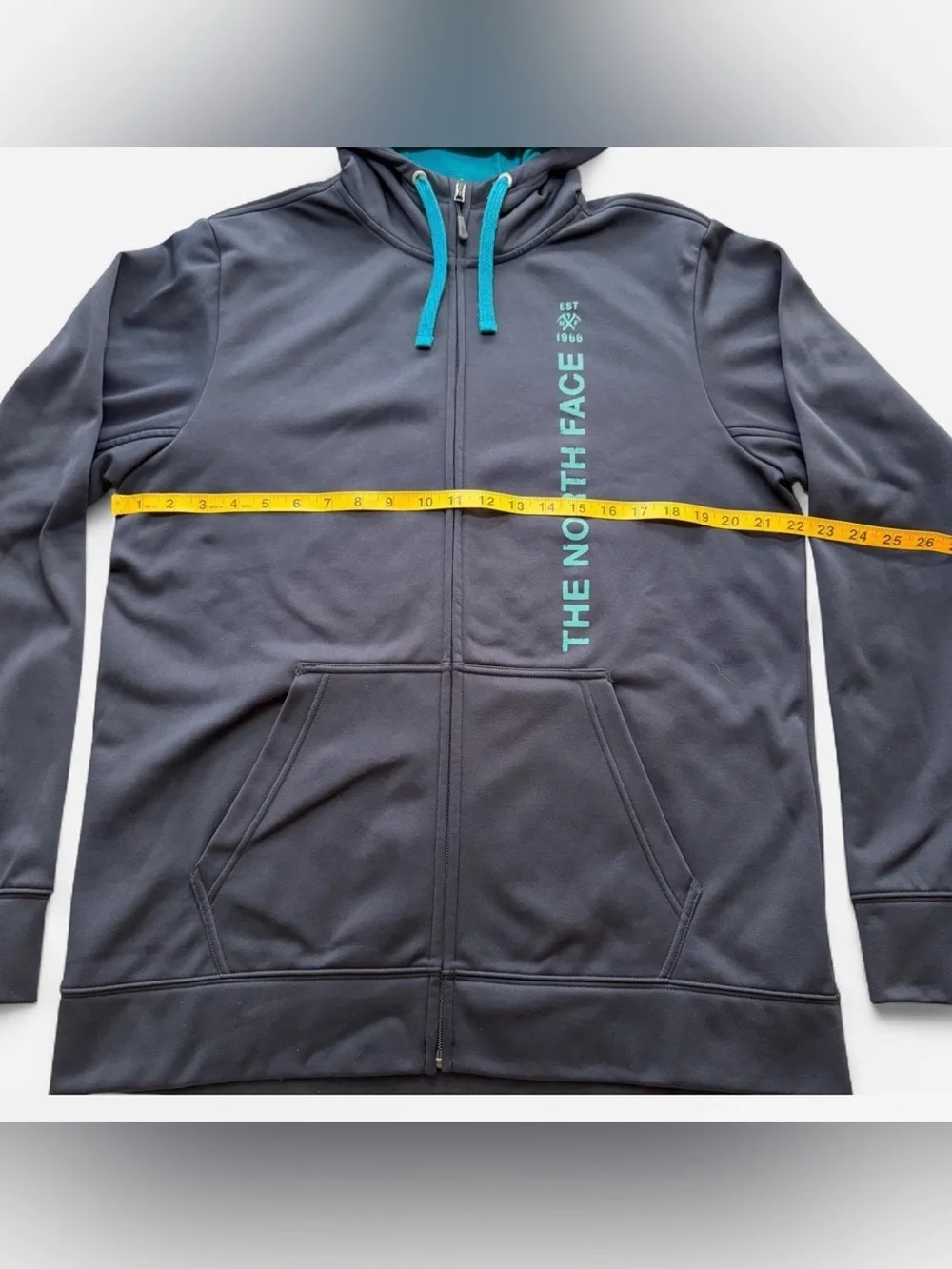 The North Face Navy Hoodie with Teal Logo and Drawcords